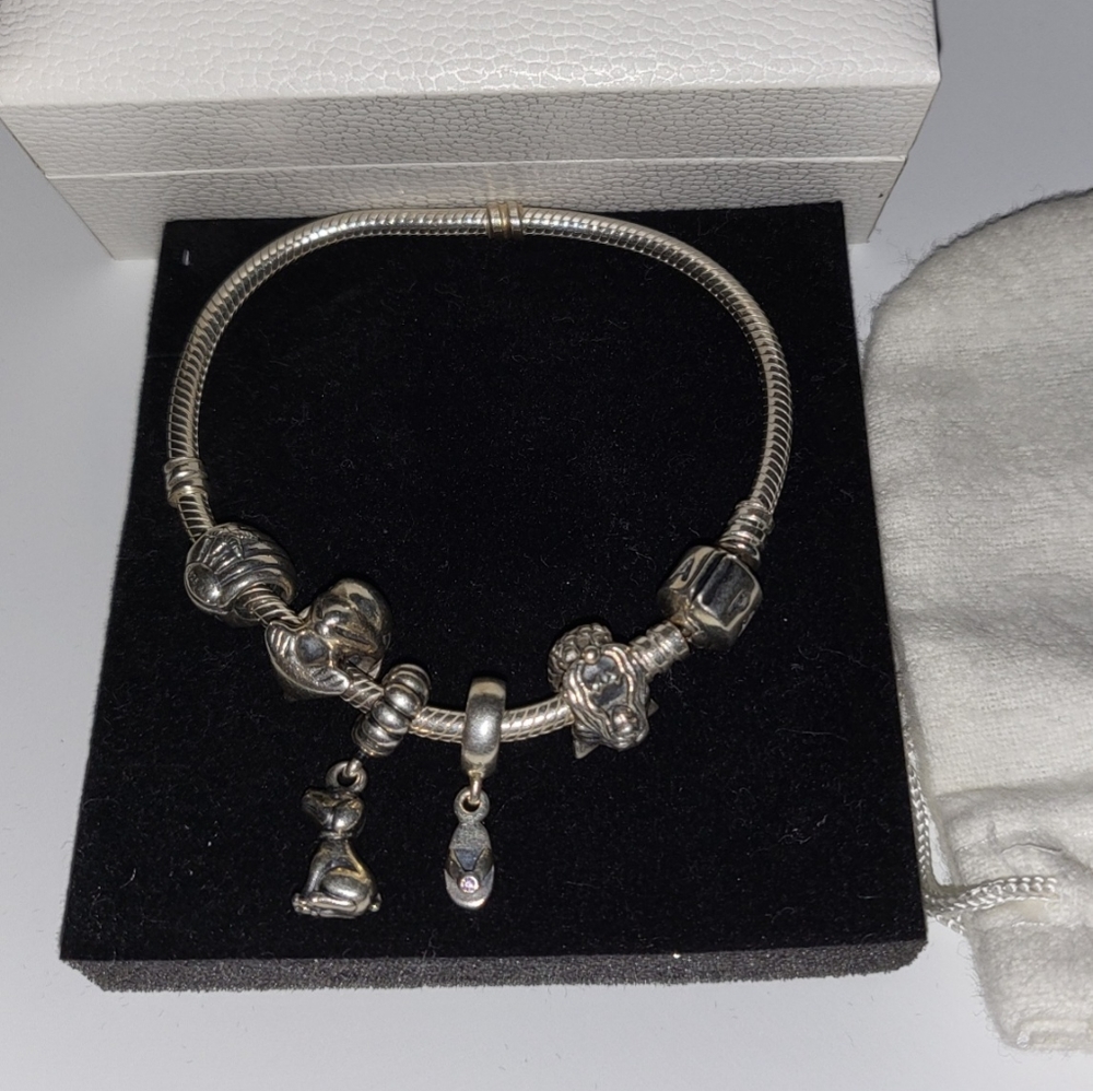 Pandora bracelet with 5 charms, flip flop, dolphin, fish, dog, shell & Mermaid